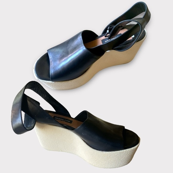 DEREK LAM FABIAN Ankle Wrap BLACK LEATHER PLATFORM WEDGE SANDALS SIZE 7 B…Goth - Picture 11 of 15